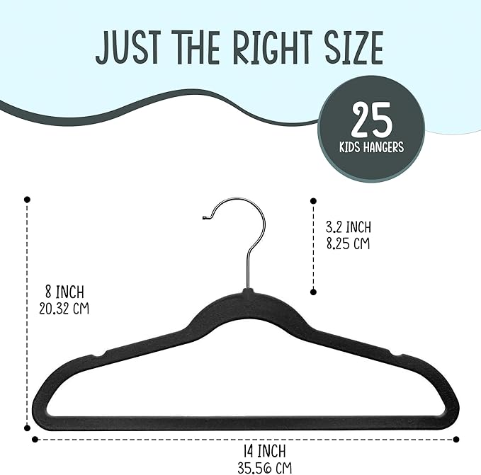 25 Premium Kids Velvet Hangers - 14" Non-Slip Clothes Hangers for Kids & Preteens - Ultra Slim, Space-Saving, Strong & Durable Hangers with 360° Swivel Hook - Black