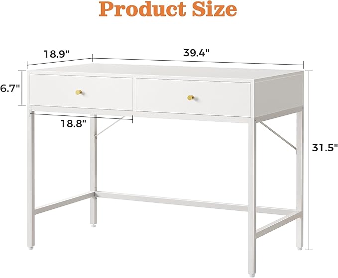 SUPERJARE 39.4" White Desk with 2 Drawers, Modern Makeup Vanity Desk, Small Computer Desk Home Office Desk for Writing Study Bedroom