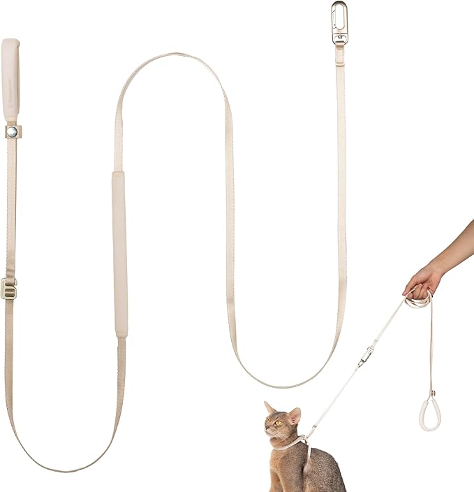 Ultra Lightweight Cat Leash Adjustable with Padded Handle, Soft Thin Nylon Cat Walking Training Waist Crossbody Leash for Kitten >4lbs Small Medium Large Cats Puppy, No Harness (Linen)