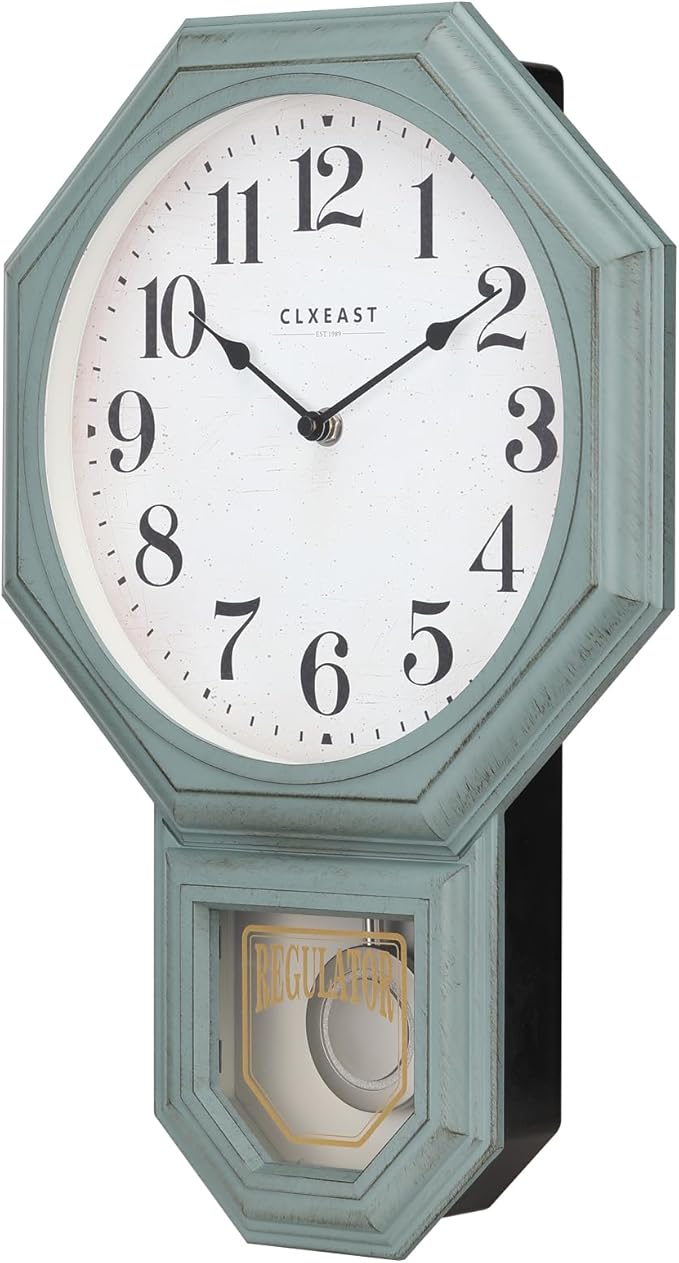 CLXEAST Pendulum Wall Clock, Schoolhouse Regulator Clock with Pendulum,Antique Aged Teal Green ABS Plastic,House Warming Gifts New Home,12" W x 17.5" H