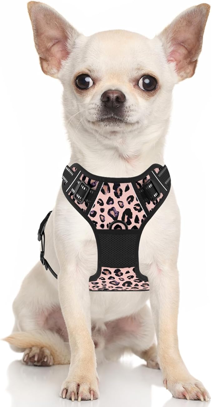 Rnivvi No Pull Dog Harness, Cute Leopard Reflective Small Sized Puppy Kitten Harness, Adjustable Soft Padded Vest for Small Dogs, Cats, Heavy Duty Pet Vest with Easy Control Handle for Walking, Pink