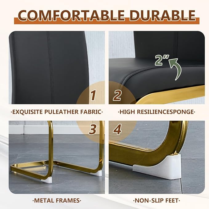 63'' Glass Dining Table Set for 6, Kitchen Table Chairs Set of 6, Clear Glass Dining Table with Black unique design Leg and Gold Metal Base, 6 PU Dining Chairs with Metal Legs, Living Room, Kitchen.