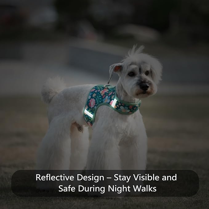 Dog Harness for Small Sized Dog,Hook-and-Loop Easy On/Off, Reflective Adjustable Soft Mesh Vest for Puppy (Green Floral Print,XS)