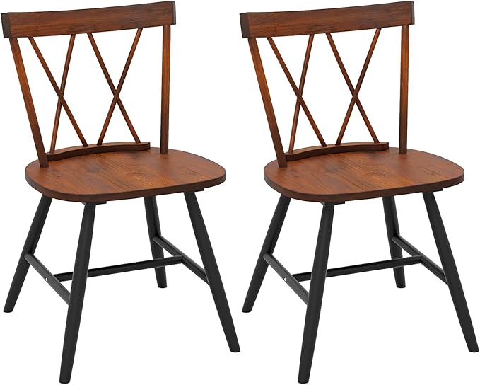 Giantex Windsor Dining Chairs Set of 2, Farmhouse Wooden Kitchen Chair w/Cross Back, Wide Seat, Rubber Wood Frame, Armless Side Chairs for Kitchen, Dining Room, Living Room, Restaurant, Dark Oak