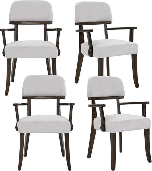 Modern Wood Dining Chairs with Arms Set of 4, Velvet Upholstered Kitchen Chairs with Open Curved Backrest & Black Hardwood Legs, Accent Chairs 350 LBS Capacity, Grey
