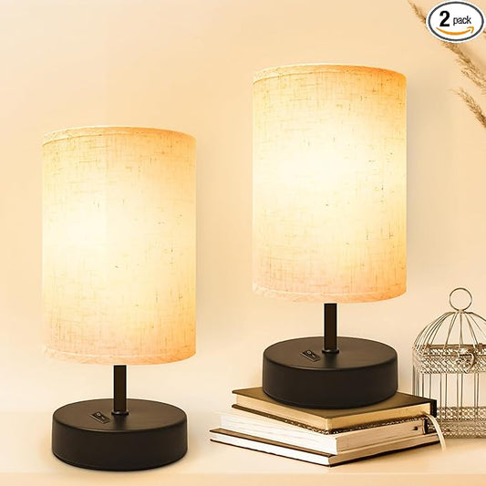 Small Table Lamp, Minimalist with Flaxen Shade, 9 Inch Design for Bedroom & Dorm Room, 2 Pack