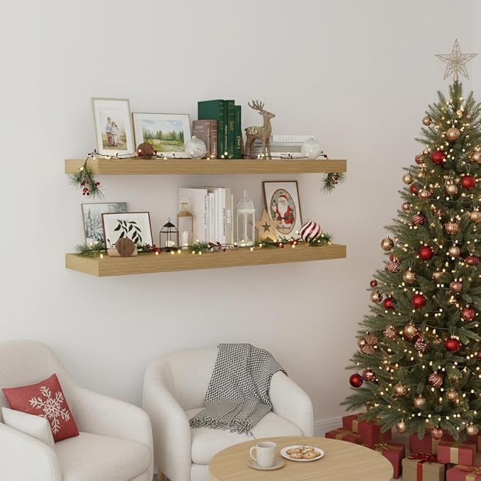 Vivelove 12 Inch Deep Floating Shelves 36 inch Long, 2 Inch Thick Wall Shelves with Invisible Brackets, Shelf for Bedroom Bathroom Living Room Kitchen Office Home Decor, Modern Shelf Set of 2, Oak