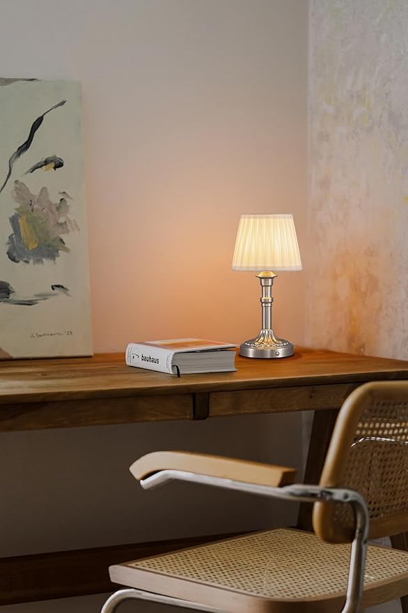 KDG Cordless Portables Table Lamp Set of 2, LED Fabric Shade Small Desk Lamps, 5000mAh Battery Powered Lighting, 2700K Stepless Dimmable Light for Living Room, Dining Room, Bedroom, Bedside (Nickel)