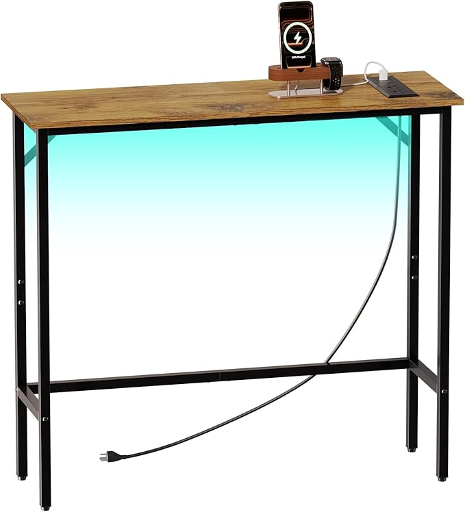 Narrow Console Table with Led Light and Charging Station，29.5" Small Entryway Table，Display Table，Entryway Hallway Thin Sofa Table Behind Sofa, Small Spaces, Living Room, Rustic Brown