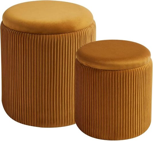 Round Ottoman with Storage Set of 2-Upholstered Sherpa Vanity Stool for Makeup Multifunctional Ottomans Coffee Table Padded Seat Foot Rest (Engineered Wood, Yellow)