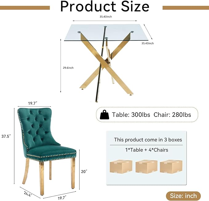 Goujxcy Glass Dining Table Set for 4, Modern Kitchen Table and Chairs Set of 4, 5-Piece Kitchen Dining Room Table Set w/36 Square Gold Glass Dining Table and 4 Green Velvet Upholstered Chairs