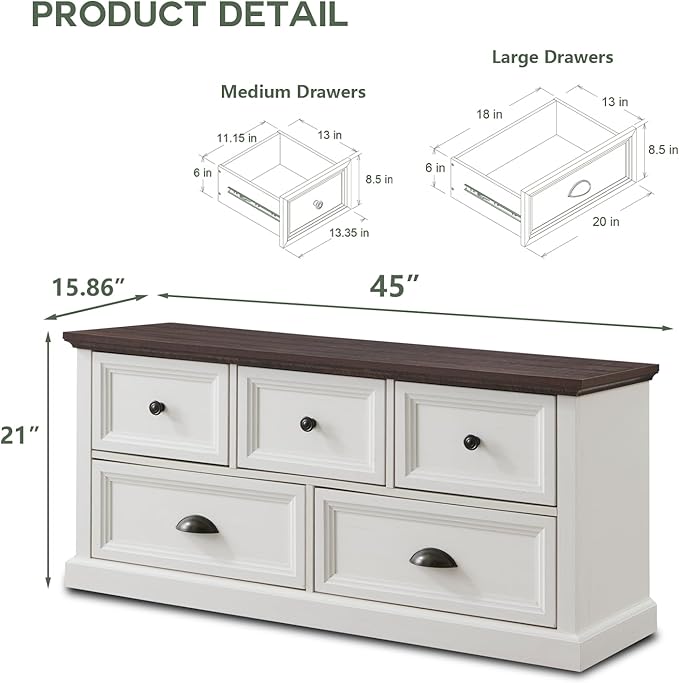 Farmhouse 5 Drawers Dresser for Bedroom, 45" Wide Chest of Drawers, 21" Tall Storage Closet Bench Storage Chest Storage Trunk, Wood Rustic Dresser for Closet, Living Room, Hallway, White