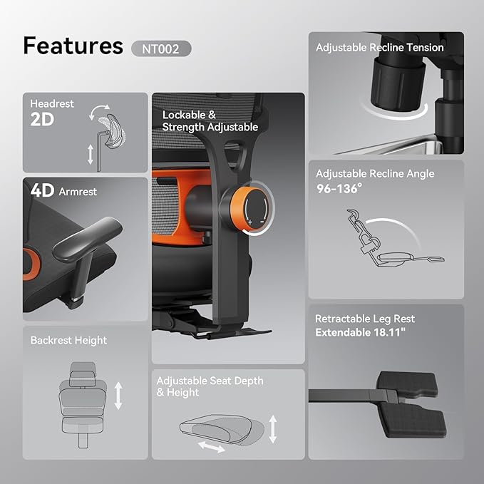 Newtral Ergonomic Office Chair with Fully Adaptive Lumbar Support, 136°Tilt Function, Computer Desk Chair with Soft 4D Armrest, Adjustable Headrest (Supreme Without Laptop Tray, Black)