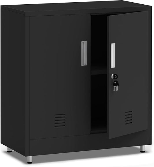 Metal Storage Cabinet with Locking Doors and Adjustable Shelf, Small Lockable Sideboard Buffet Cabinet for Home, Office, Entryway, Hallway, Living Room, Kitchen and Dining Room (Black)