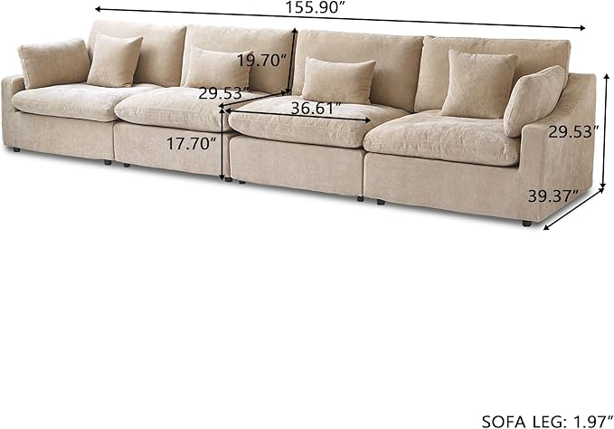 WJShome 160" Cloud Couch Sectional for Living Room, Down Filled Modular Sectional Sofa,4 Seater Convertible Couch, Sofa Covers Washable&Replaceable,Khkai