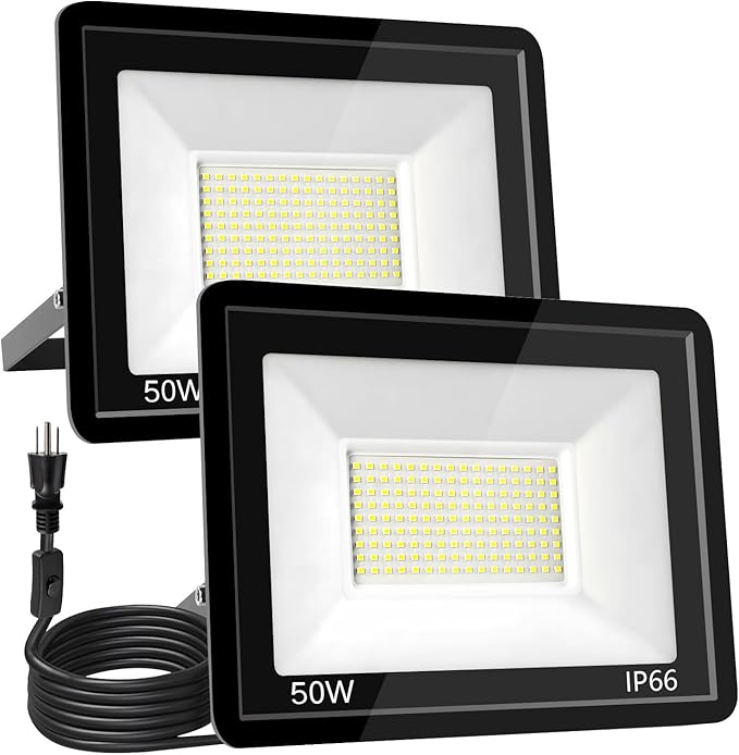 50W LED Flood Light Outdoor 6500K Daylight White,7000LM Super Brighter LED Work Light,IP66 Waterproof Security Light with Switch and Plug for Garage, Garden, Yard, Stadium 2Pack