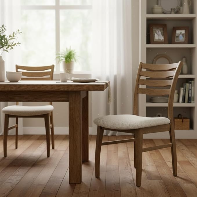 DUOMAY Farmhouse Dining Chairs Set of 4, Fur Beige Upholstered Side Chairs Solid Wood Ladder Back Kitchen Chairs for Home Dining Room, Browm Frame
