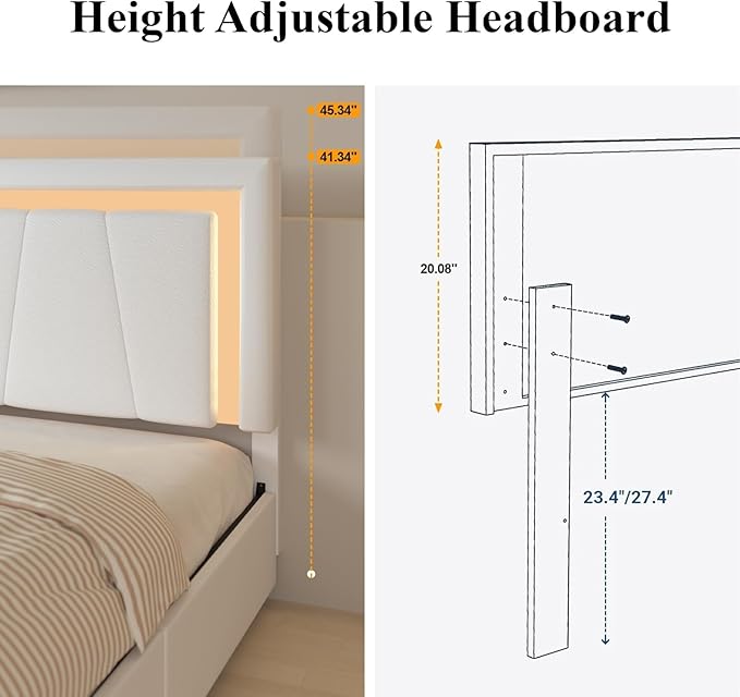 Full Bed Frame with 4 Storage Drawers and Adjustable Headboard, Upholstered Platform Bed with LED Lights and USB Ports, Solid Wooden Slats Support, Faux Leather, Easy Assembly, Beige