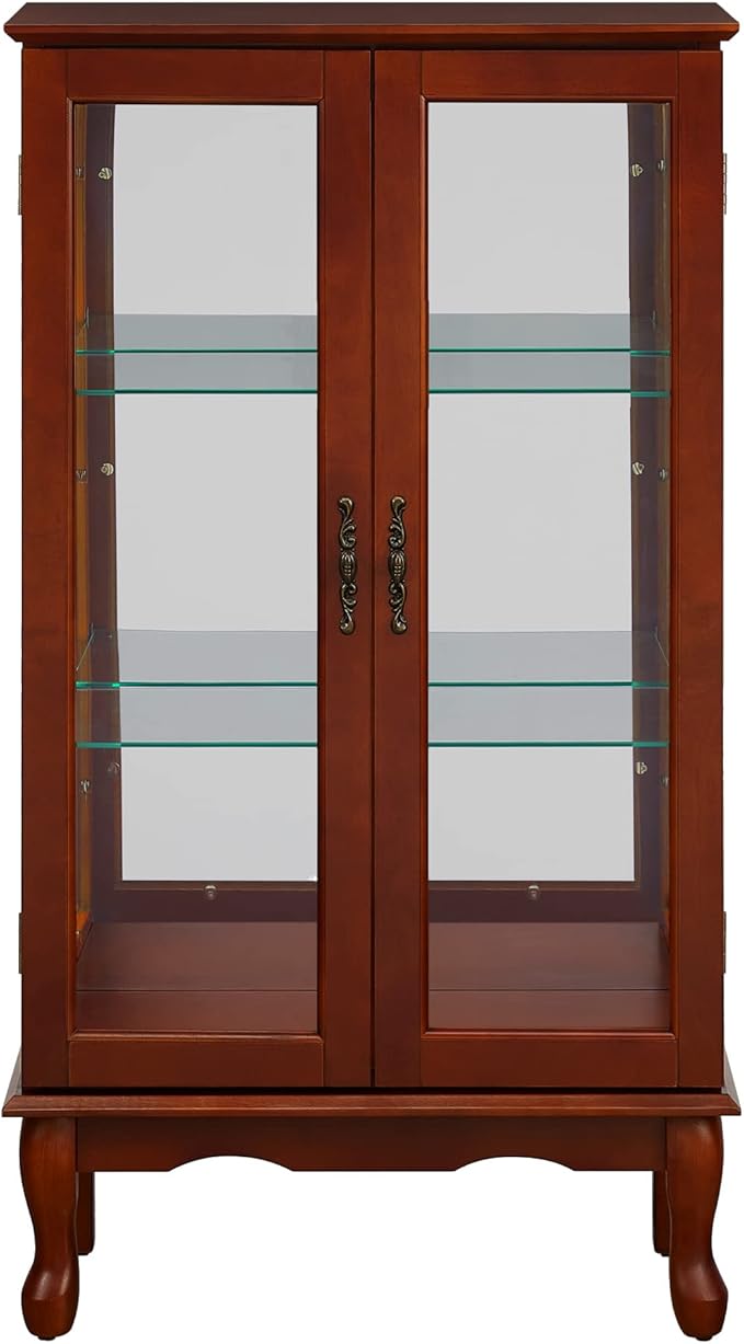 Goujxcy Lighted Curio Cabinet, Modern Floor Standing Glass Curio Cabinet Display Case Cabinet with Adjustable Shelves, Mirrored Back Panel and Tempered Glass Doors for Home/Office (Cherry)
