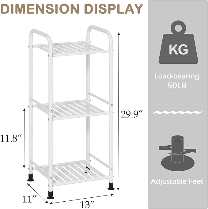 JSB 3 Tier Narrow Bathroom Shelving Unit, Kitchen Storage Rack Organizer Metal Corner Shelf for Living Room Laundry Pantry (Matte White, 3 Tier)