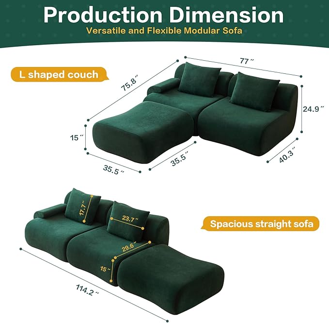 Modular L Shaped Sectional Couch, 114" Boneless Couches for Living Room with Deep Seat, Modern Lounge Sofa Sectional Sofa with Convertible Ottoman, Green Cloud Couch - No Assembly Required