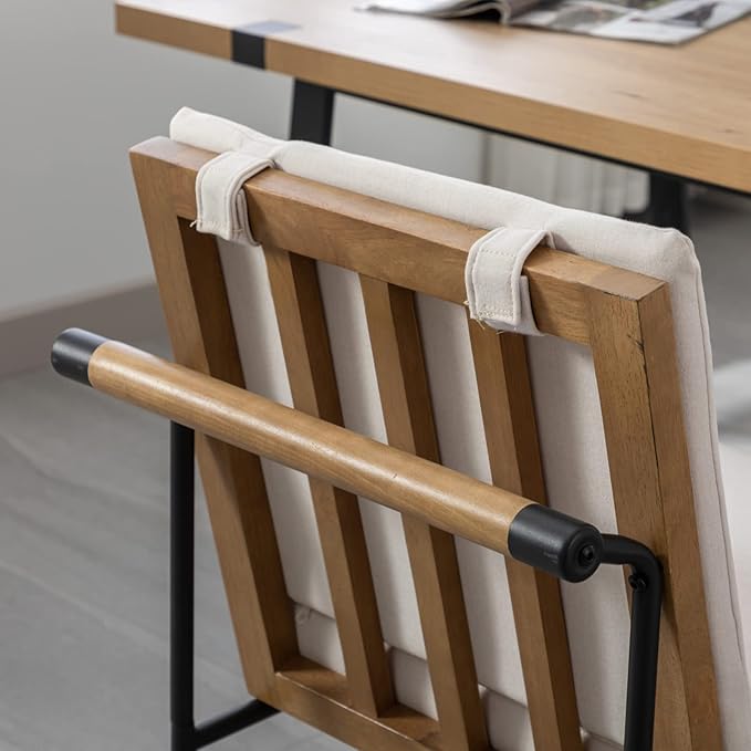 Modern Dining Chairs Set of 4, Comfy Linen Fabric Armless Side Chairs with Backrest Wooden Upholstered Seat Black Metal Legs for Dining Room Living Room, White