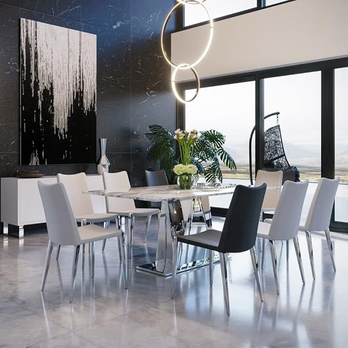 ZURI Modern Jordan Dining Chair in White Leatherette and Polished Stainless Steel Base