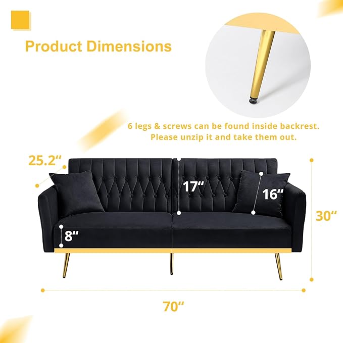 70” Velvet Futon Sofa Bed with 2 Pillows and Adjustable Armrests, Convertible Sleeper Bed W/Adjustable Backrests, Modern Loveseat for Living Room, Bedroom, Black