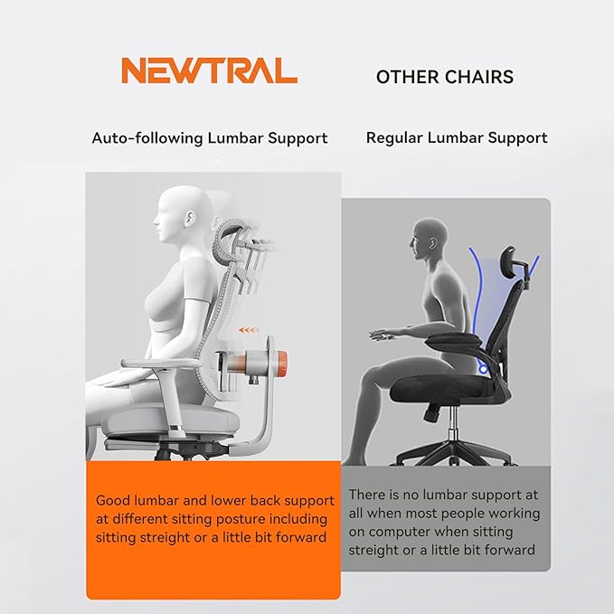 Newtral Ergonomic Office Chair - Home Office Desk Chair with Adaptive Lumbar Support, with Footrest, 4D Armrest, Adjustable Seat Depth & Height