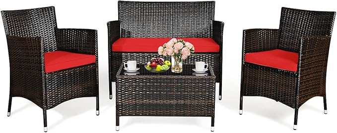 Tangkula 4 PCS Patio Rattan Conversation Set, Outdoor Wicker Furniture with Tempered Glass Coffee Table & Thick Cushion, Rattan Chair Wicker Set for Garden, Lawn, Poolside and Backyard (1, Red)
