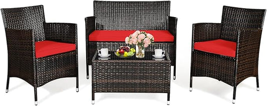 Tangkula 4 PCS Patio Rattan Conversation Set, Outdoor Wicker Furniture with Tempered Glass Coffee Table & Thick Cushion, Rattan Chair Wicker Set for Garden, Lawn, Poolside and Backyard (1, Red)