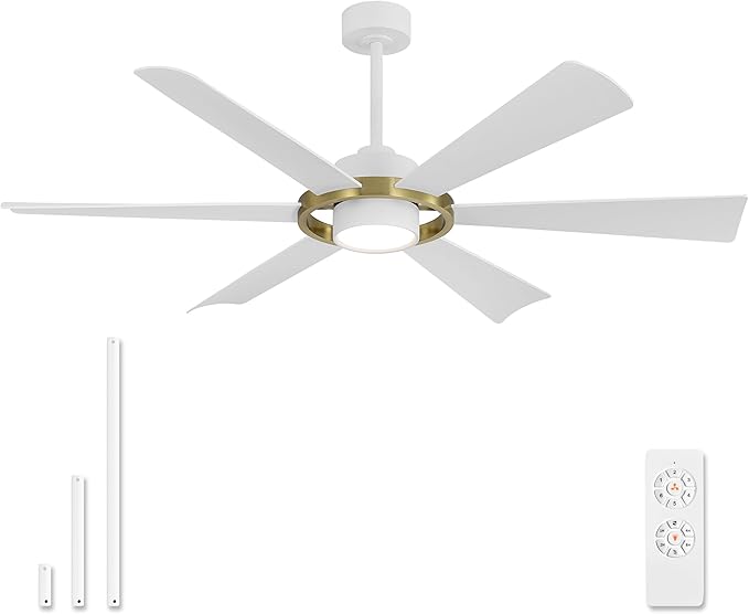 ELEHINSER 60" Ceiling Fan with Lights - 6 ABS Plastic Blades, 3 Downrods, 6-Speed Reversible DC Motor, 3CCT, Windmill Ceiling Fan for Kitchen Bedroom Living Room, White and Brass
