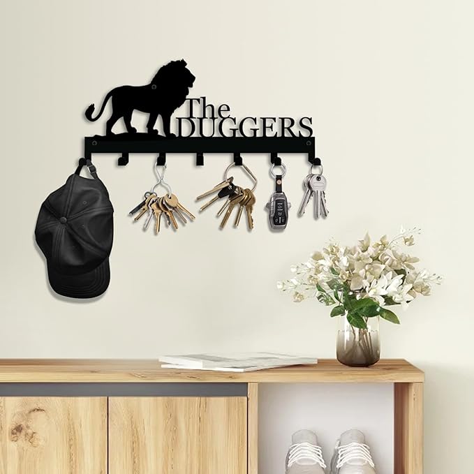Personalized Key Holder with Name, Custom Metal Lion Silhouette Key Rack Hanger, Wall Organizer with 7 Hooks for Entryway, Front Door, Hallway, Kitchen, Farmhouse Decor