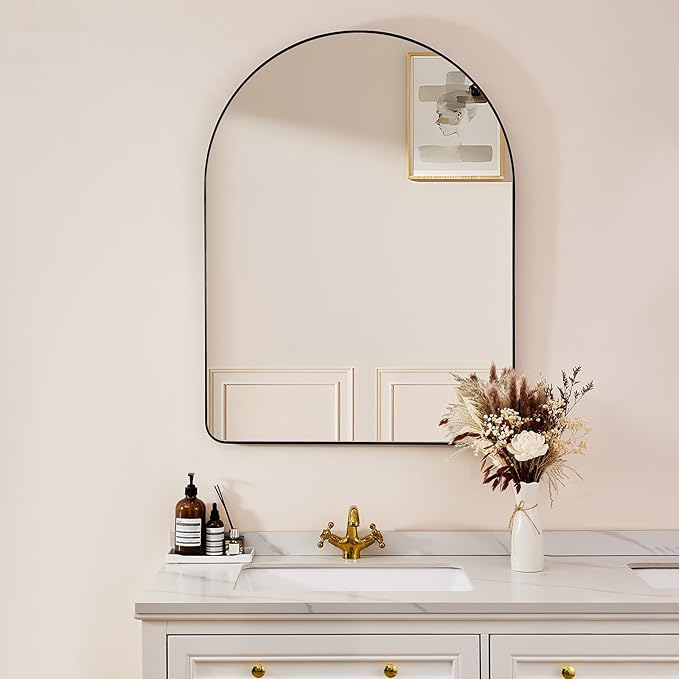 ANDY STAR Arched Mirror, 24" x 38" Black Bathroom Mirror in Stainless Steel Metal Frame, Arch Top Rounded Corner 1" Deep Set Design Wall Mount Hangs Vertical