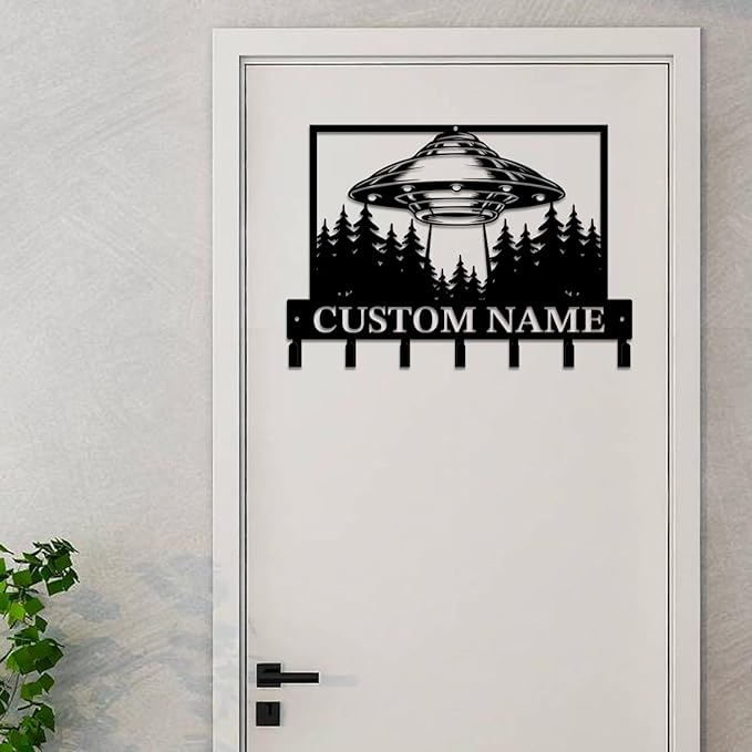 Personalized Custom Alien UFO Metal Wall Keys Hooks,Clothes Hooks Alien ET Art Coat Racks,Door Holder,Black Alien UFO Decorations for Home,Entrance Doors,Hallway, Bedroom,Keys,Hats (Style G)