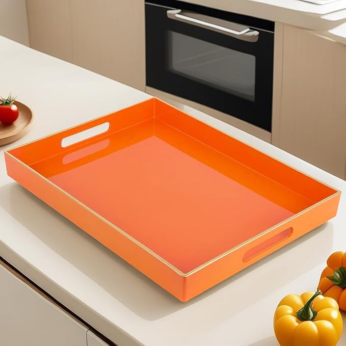 Large Decorative Tray, Orange Serving Tray with Handles, Plastic Coffee Table Tray for Living Room, Ottoman, Bathroom, Kitchen, Decor, 15.7”*11.8”