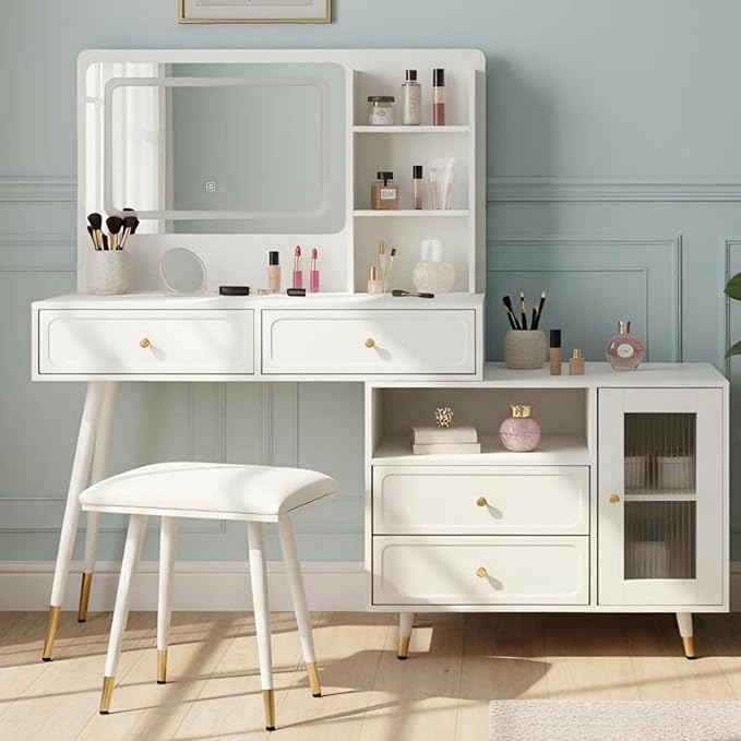 Merax 58" Large Vanity Desk with Mirror and Lights, Modern White Makeup Vanity Set with Stool and Power Outlet, Retractable Dressing Table with Drawers and Side Cabinet for Bedroom Women