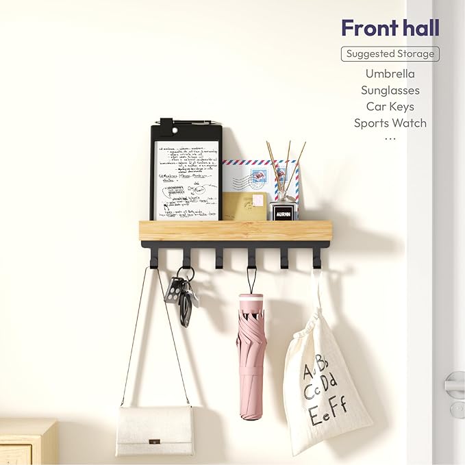 SWTYMIKI Key Holder Wall Mount - Wooden Key Hooks for Wall with Mail Organizer & 6 Hooks, 2 Installation Ways Key Hanger, Key Rack with Shelf for Entryway Living Room Bedroom Office Home Decor Wood