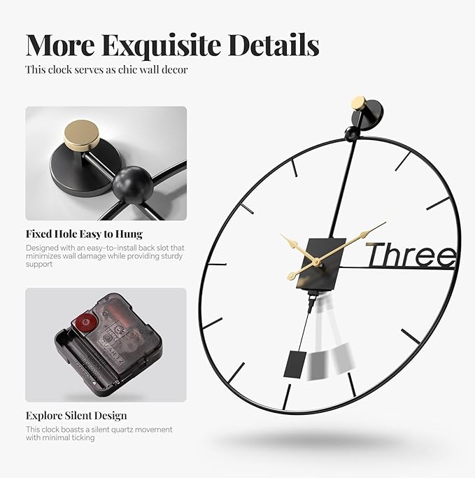 Extra Large Wall Clock 36 inch Battery Operated Wall Clock with Pendulum, Modern Silent Non-Ticking Metal Clock for Living Room Decor, Decorative Hanging Clock for Bedroom, Office, Kitchen, Home