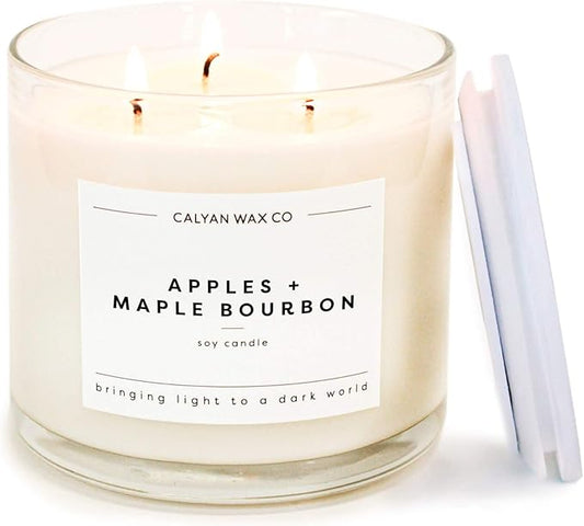 Calyan Wax Co. Apples & Maple Bourbon 3 Wick Scented Candle - 43 Hour Burn - Luxury 3 Wick Soy Candles - Non Toxic Soy Wax Candles - Long Lasting Large Glass Jar Candle for Home - 14.9oz