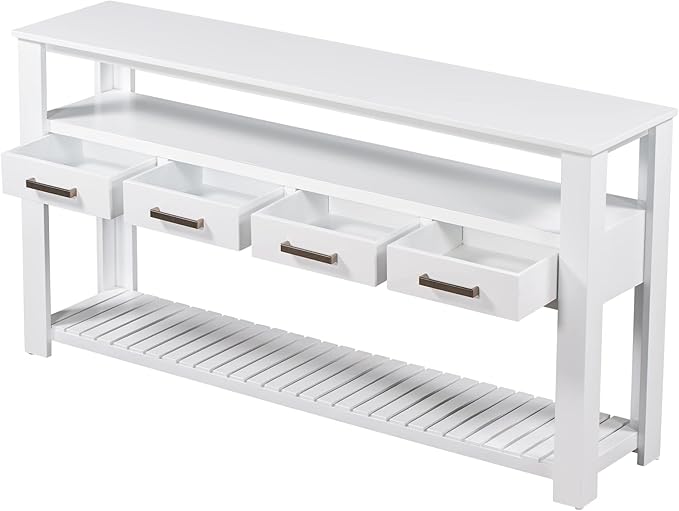 Modern 62'' Console Table Sofa Entryway Table with 4 Drawers and 2 Shelves, Acacia Wood Kitchen Buffet Cabinet Sideboard, Accent Table Furniture for Entryway Kitchen Living Room (White-4DE)