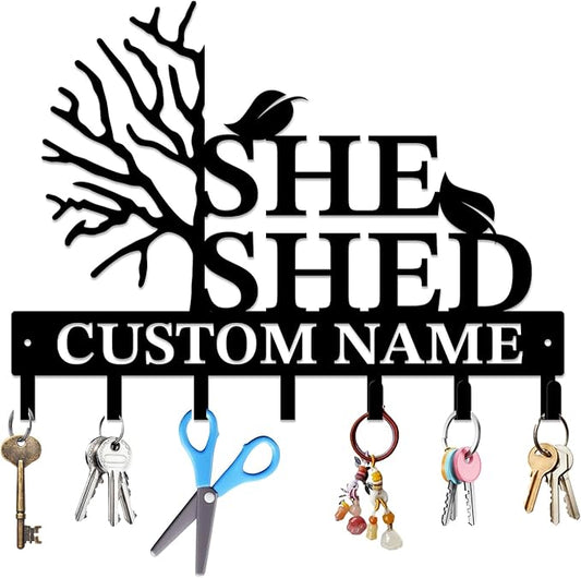 Personalized She Shed Keys Hooks,Custom Name Metal She Shed Art Keys Hooks,Metal She Shed Lover Wall Home Storage Decorative Keys Hooks,Key Holder Hooks for Wall (Style F)