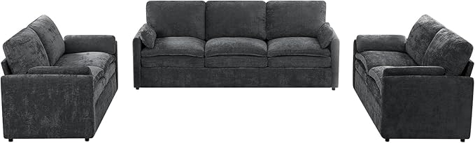 3 Pieces Chenille Sofa Set w/Arm Pillows, Upholstered 2 Pieces Loveseat & 3 Seater Sofa w/Comfortable Back Cushions, Modern 2-Seat & 3-Seat w/High-Density Foam for Living Room, Grey