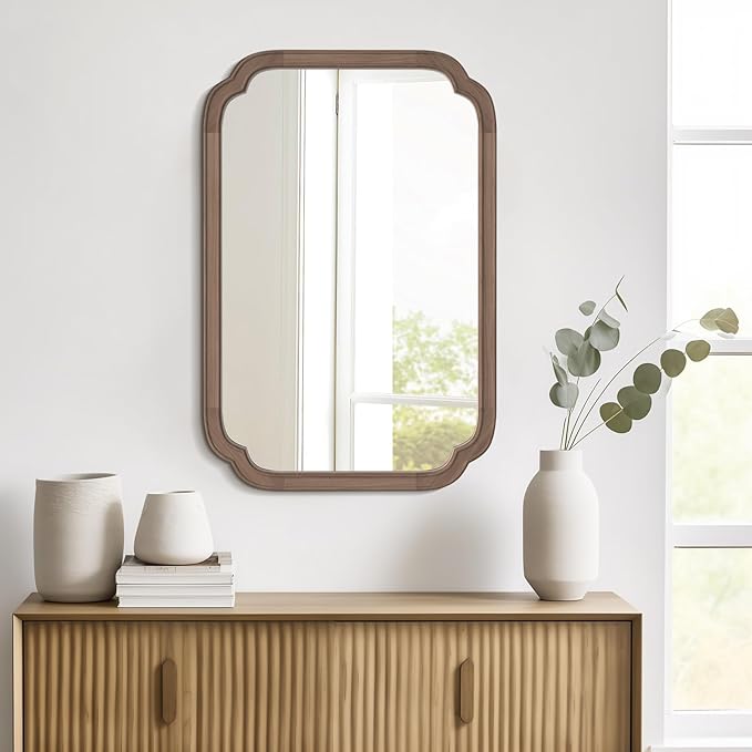 WallBeyond 20" x 30" Rounded Corner Arch Wall Mirror with Wood Frame for Entryway, Living Room or Bedroom Home Decor - Light Woodgrain [20" x 30" Walnut]