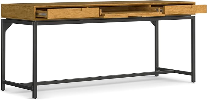 SIMPLIHOME Banting Desk - 72-Inch Wide Solid Oak Veneer and Metal Writing Desk in Oak, Modern Industrial Home Office Computer Table for Study with 2 Drawers and Flip-Down Keyboard Tray