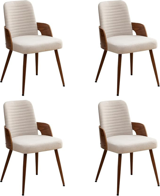 Dining Room Chairs Set of 4,Mid Century Modern Kitchen Chairs,Upholstered Beige Fabric Accent Chairs,Metal Legs Wooden Desk Chairs Armless and No Wheels for Kitchen Dining Living Room