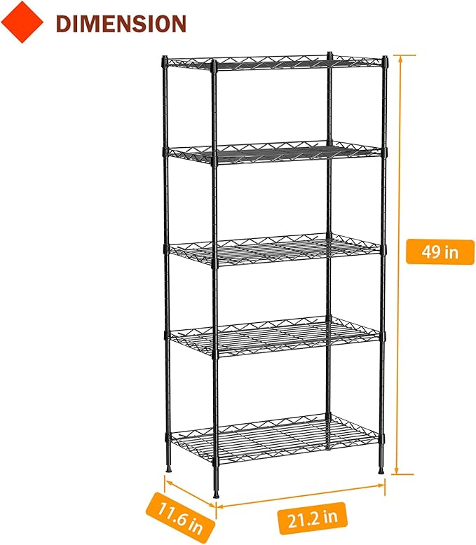 5 Tier Standing Metal Wire Shelving Unit, Adjustable Height, Storage Shelf Units for Laundry Bathroom Kitchen Pantry Closet (11.6" D x 21.2" W x 49" H inches, Black)