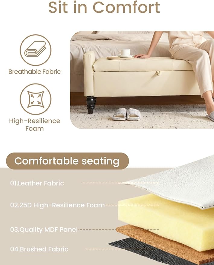 47" Storage Ottoman Bench, End of Bed Bench for Bedroom, Leather Upholstered Ottoman with Storage for Living Room, Entryway, Window (Beige)