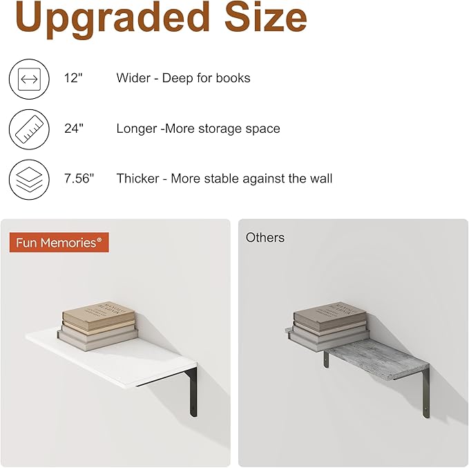 Fun Memories Deep Floating Shelves for Wall, 12 Inch Deep White Wall Shelf, 24 Inch Long Floating Shelves with Bracket Set of 2, Rustic Deep Storage Shelf for Bedroom, Living Room, Kitchen