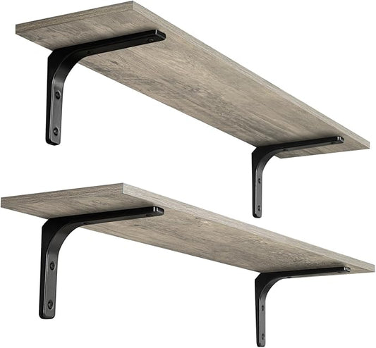DINZI LVJ Long Wall Shelves, 31.5 Inch Wall Mounted Shelves Set of 2, Easy-to-Install, Floating Storage Ledges with Sturdy Metal Brackets for Living Room, Bathroom, Bedroom, Kitchen, Gray Wash